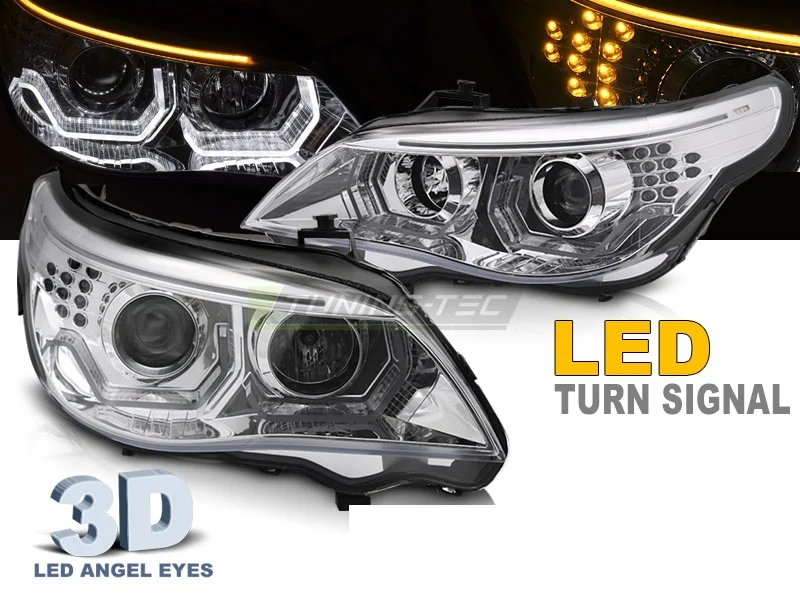 Frontlykter BMW 5-Serie E60/E61 03-10 - Angel Eyes LED 3D Krom
