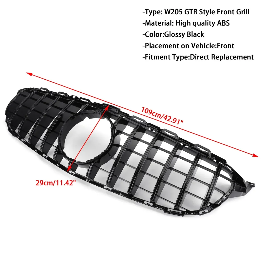 2015–2018 Mercedes-Benz C-klasse W205 C200 C250 C300 C350 (modeller uten kamera) GTR-stil støtfangergrill foran Grill Gene...