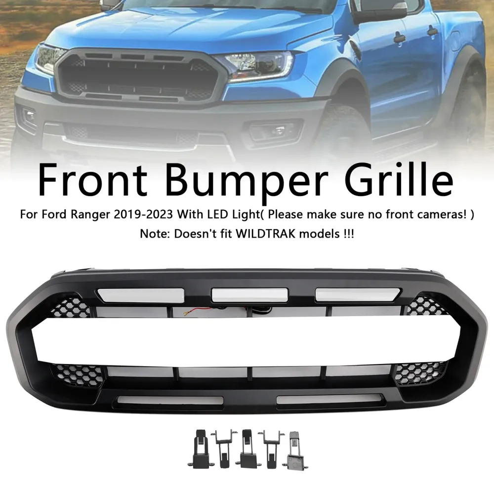 2019 2020 2021 2022 2023 Ford Ranger m/hvit LED Raptor Style Front Bumper Grill Grille Black