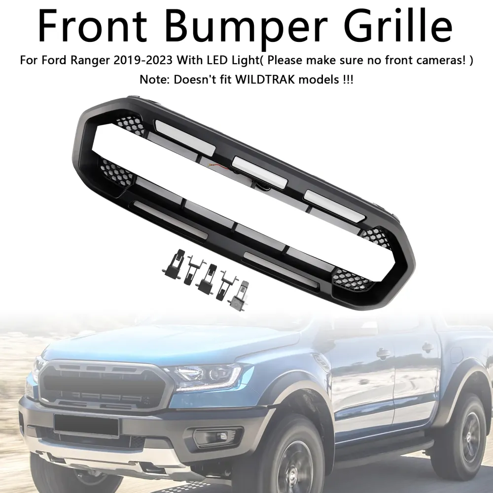 2019 2020 2021 2022 2023 Ford Ranger m/hvit LED Raptor Style Front Bumper Grill Grille Black