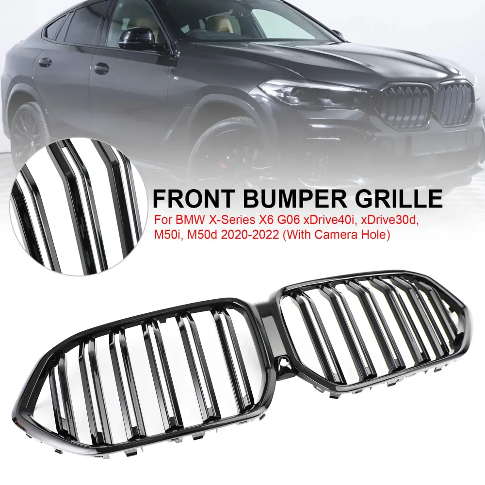 2020-2022 BMW x6 G06 M50i m/kamerahull Front Bumper Grille Grill Black