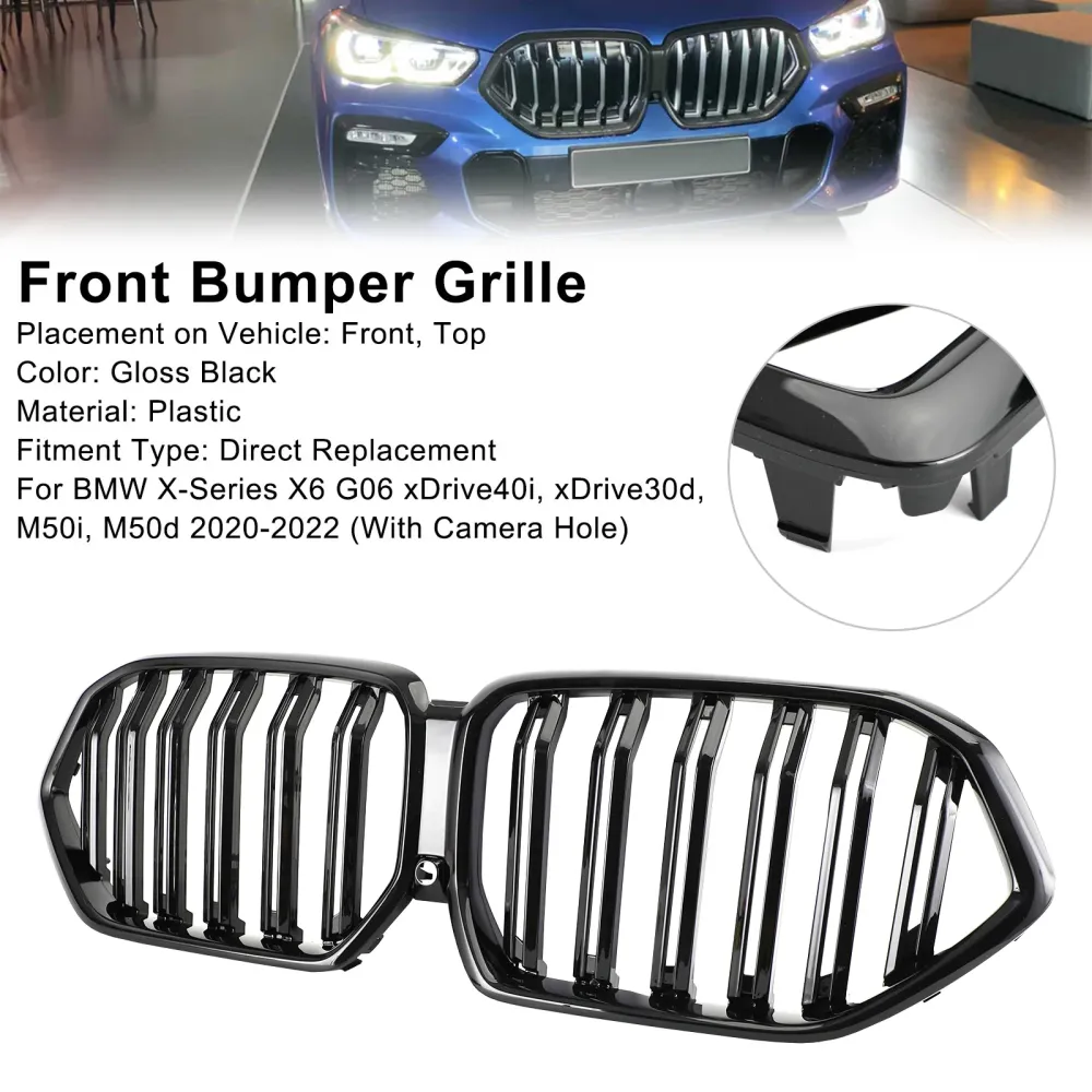 2020-2022 BMW x6 G06 M50i m/kamerahull Front Bumper Grille Grill Black