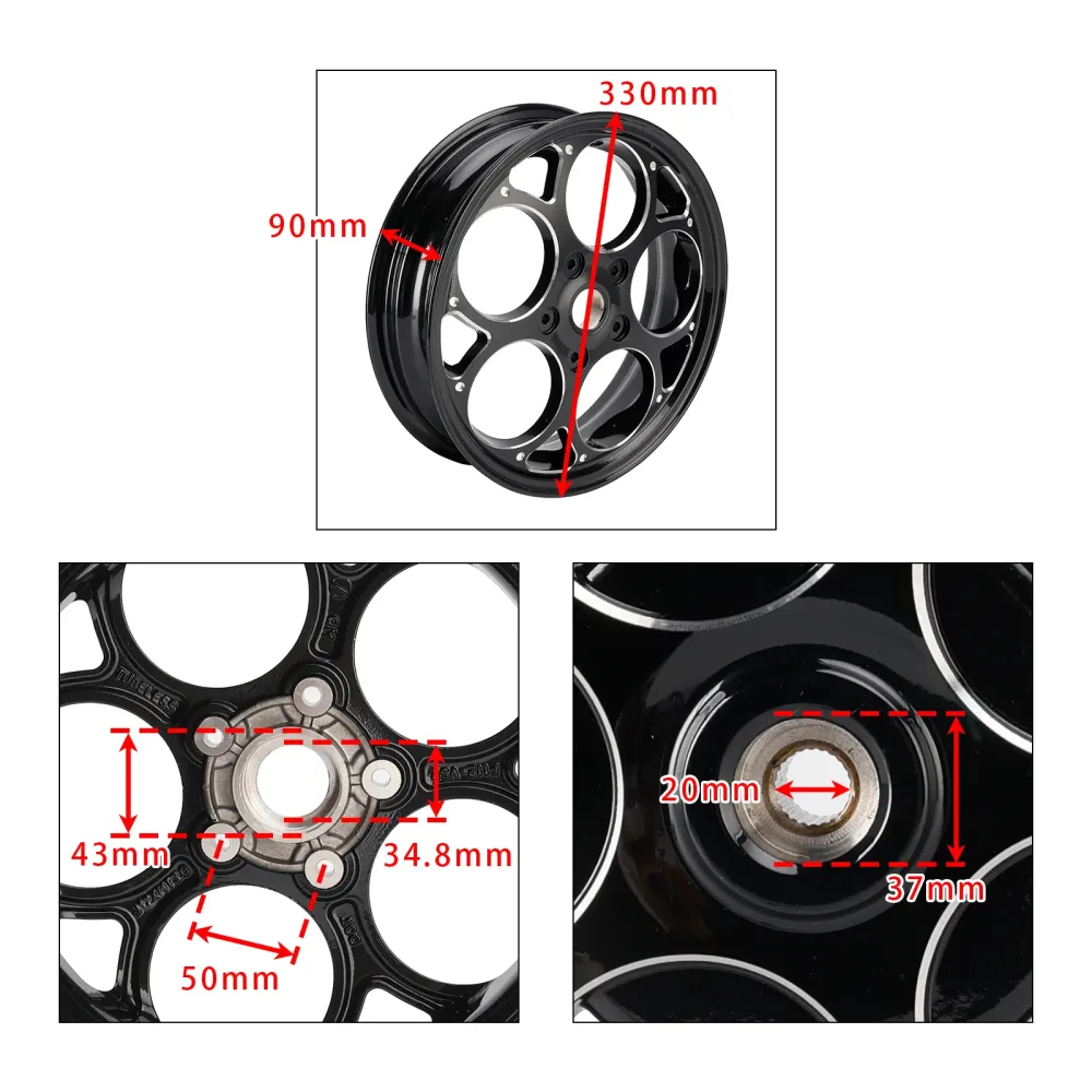 3,0x12" Felgsett slangeløse hjul foran + bak til Vespa Primavera/Sprint 50-150cc