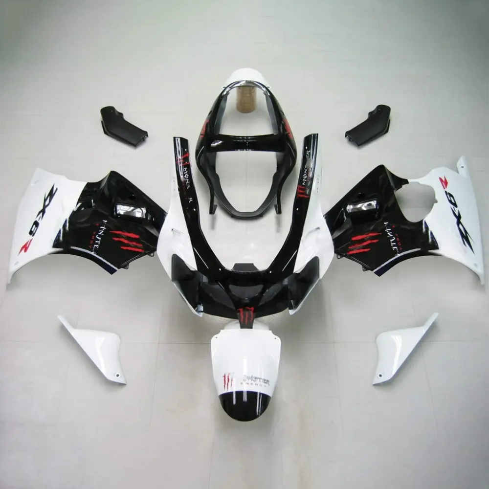 2000-2002 Kawasaki ZX6R Fairing White Black Kit Amotopart