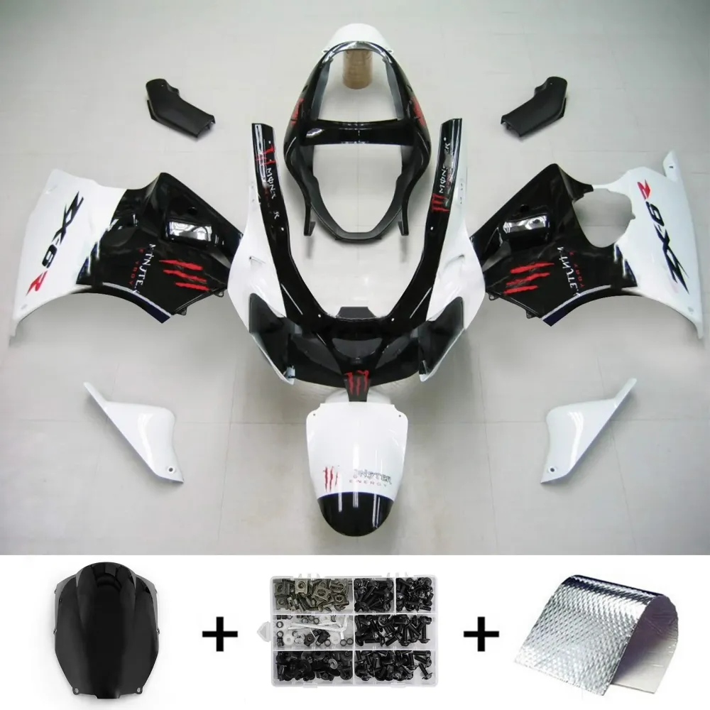 2000-2002 Kawasaki ZX6R Fairing White Black Kit Amotopart