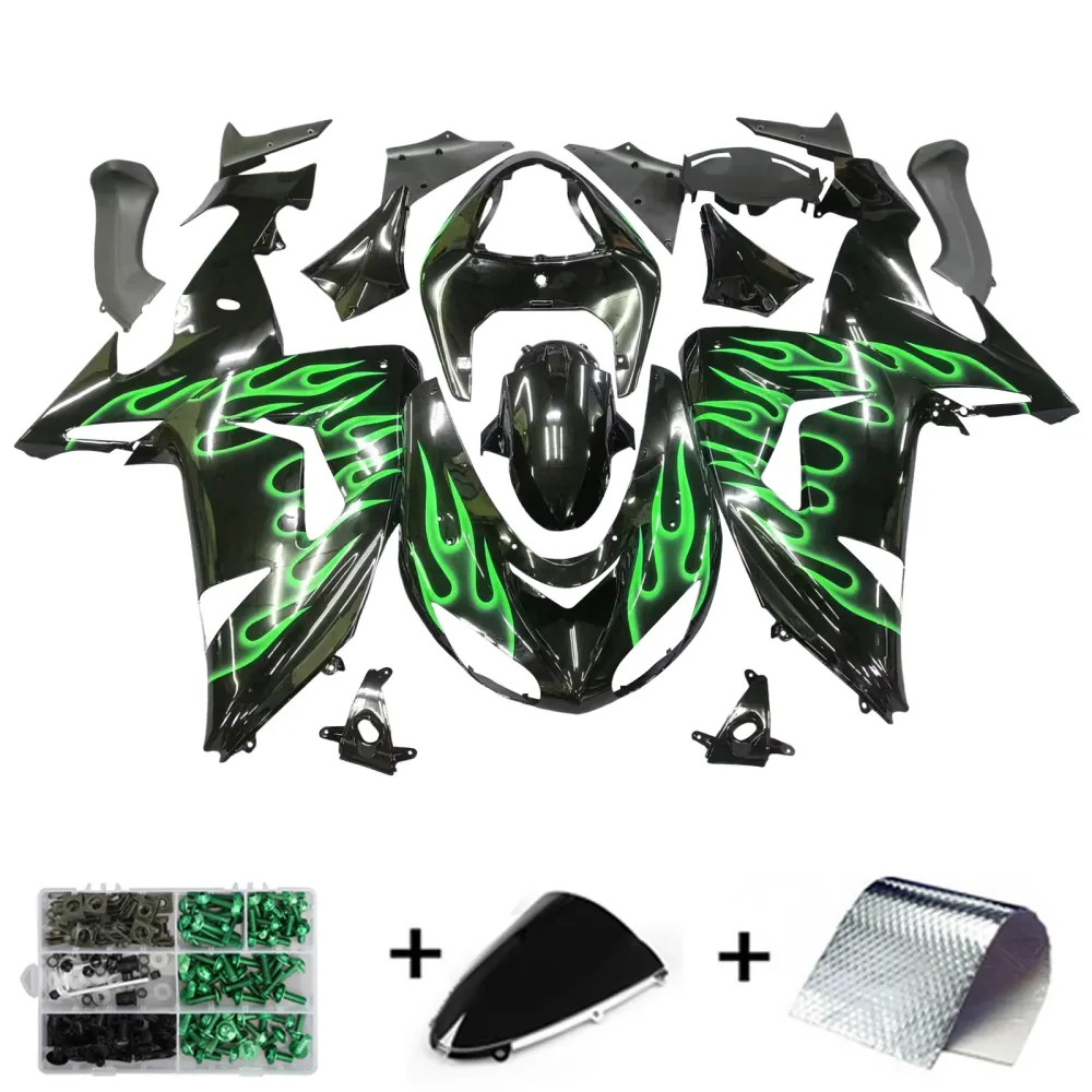 2006-2007 Kawasaki ZX10R Green Flames Fairing Kit Amotopart