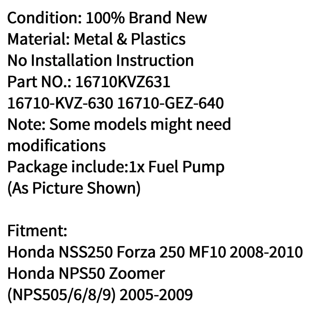 Drivstoffpumpesamling venstre uttak Fit Honda NSS250 Forza 250 MF10 2008 2009 2010 Generisk