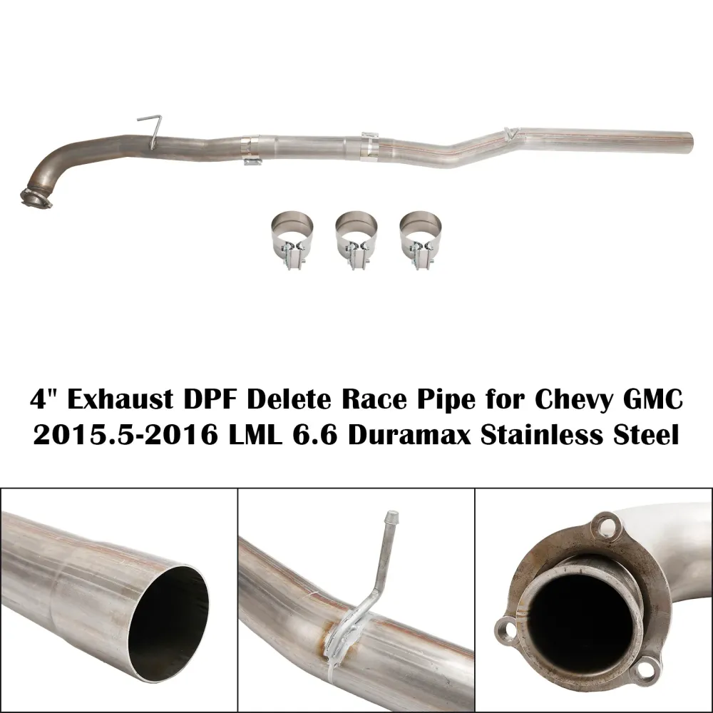 4" Eksos DPF Delete Race Pipe Chevy GMC 2015.5-2016 LML 6.6 Duramax rustfritt stål