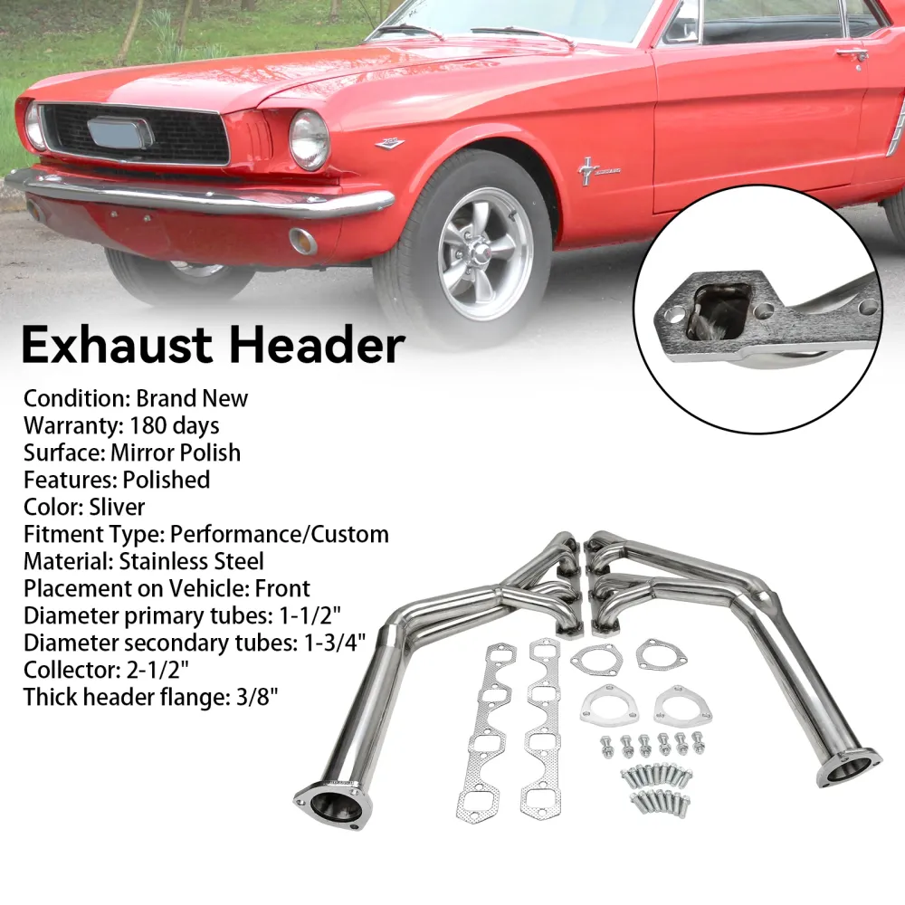 Manifold Header Fit Mustang 260/289/302 V8 64-70 Tri-Y Header Rustfritt stål