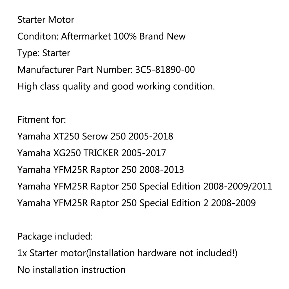 Motorstarter Yamaha YFM25R Raptor 250 2008-2013 Spesialutgave 2 2008-2009 generisk