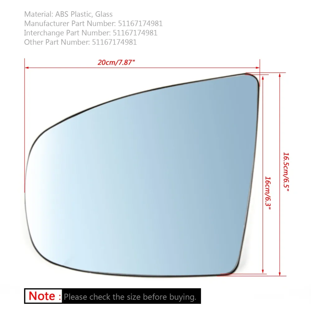 Par oppvarmet vingesidespeilblått glass BMW x5 x6 E70 E71 E72 2008-2014 generisk