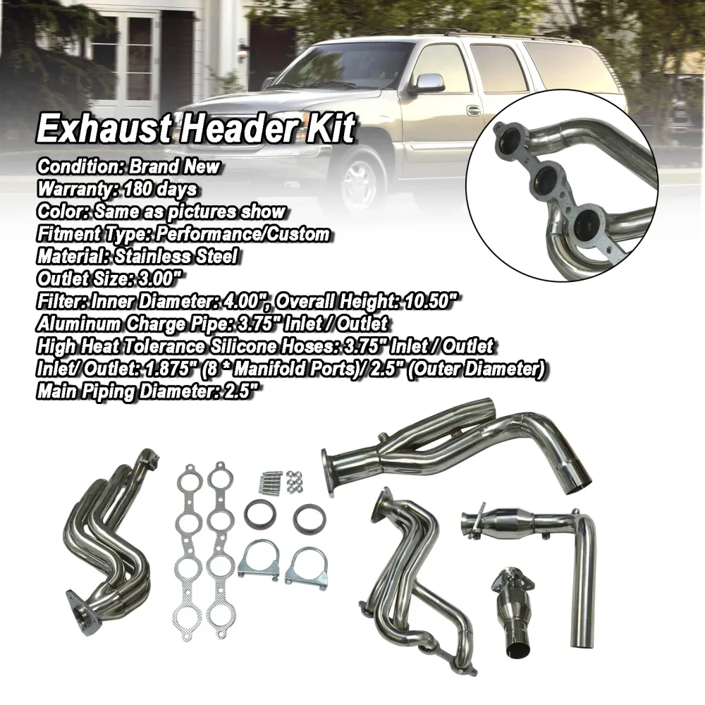 Rustfritt manifoldoverskrift eksos passform GMC Fit Chevy GMT800 V8 Motor m/y-pipe