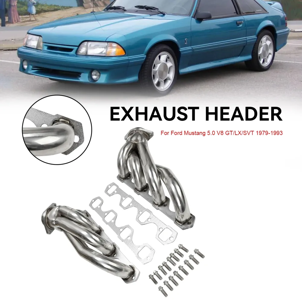 Rustfritt stål eksosmanifoldoverskrifter Fit Mustang 5.0 V8 GT/LX/SVT 1979-1993
