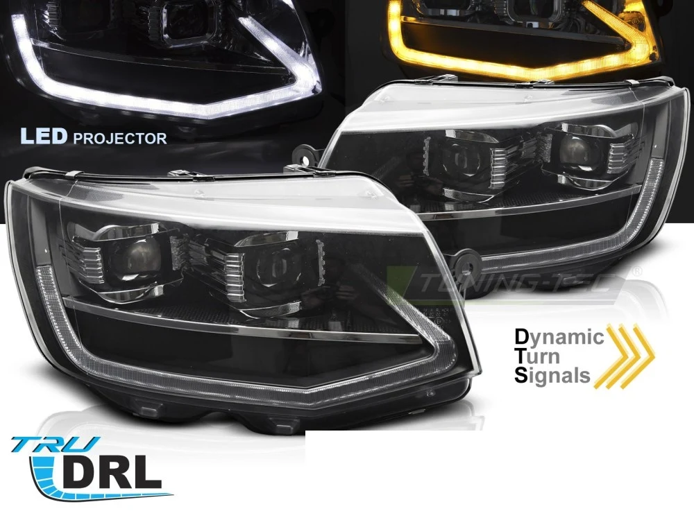 Frontlykter Volkswagen T6 15-24 - LED Tube Light Svart med Sekvensiell Blink